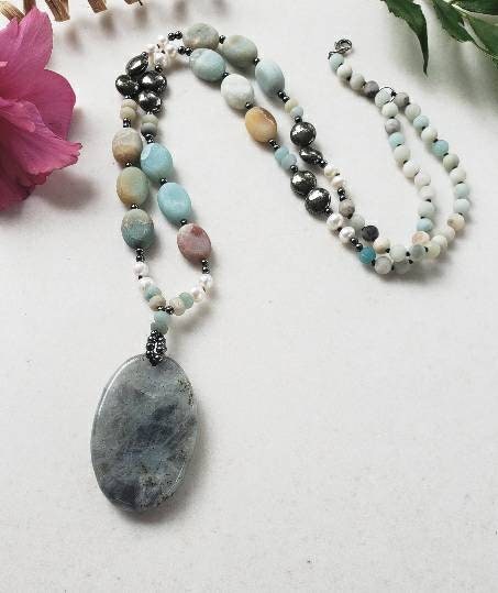 Amazonite and labradorite crystal necklace for women featuring a natural gemstone pendant with soothing tones and subtle shimmer. This handmade statement necklace blends calming amazonite with the iridescent glow of labradorite, offering both beauty and spiritual meaning. Perfect for boho or everyday wear, it makes a thoughtful gift for her. Crafted with care, this unique piece adds a touch of elegance and grounding energy to any jewelry collection