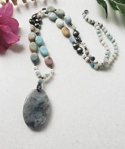 Amazonite and labradorite crystal necklace for women featuring a natural gemstone pendant with soothing tones and subtle shimmer. This handmade statement necklace blends calming amazonite with the iridescent glow of labradorite, offering both beauty and spiritual meaning. Perfect for boho or everyday wear, it makes a thoughtful gift for her. Crafted with care, this unique piece adds a touch of elegance and grounding energy to any jewelry collection