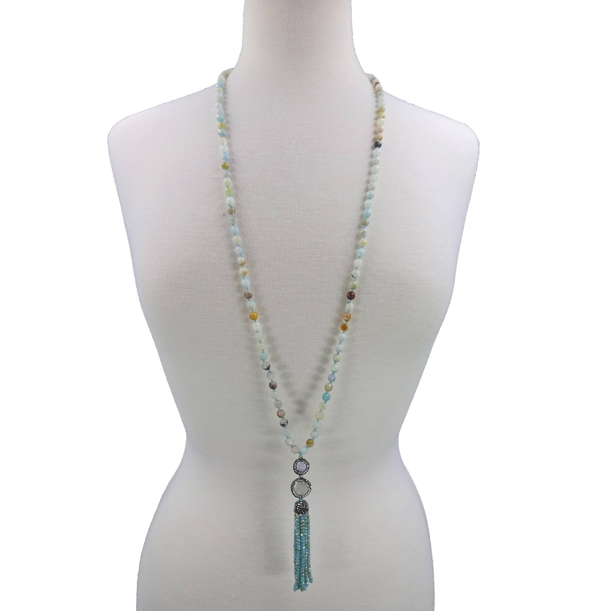 Handmade 21-inch Amazonite and Pearl Tassel Necklace featuring natural gemstones designed to promote success, abundance, and calm energy. This long yoga necklace combines soothing amazonite beads with elegant pearls and a stylish tassel, perfect for meditation or everyday wear. Lightweight and beautifully crafted, it makes a meaningful gift for her seeking balance, positivity, and spiritual growth through gemstone jewelry.
