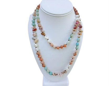 Handmade long necklace featuring natural amazonite and agate gemstones in green and blue hues, designed as a vintage-inspired statement crystal jewelry piece. This unique accessory blends earthy elegance with artisanal craftsmanship, perfect for women who appreciate handcrafted gemstone jewelry. Ideal as a Christmas gift for her, it adds a pop of color and spiritual energy to any outfit, suitable for both casual and formal occasions.