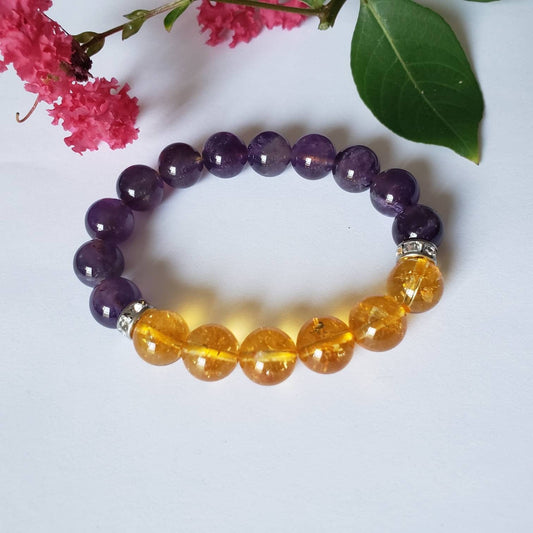 Citrine and Amethyst Bracelet for women, crafted with natural healing crystals to attract prosperity, abundance, and luck. This beautiful spiritual jewelry piece blends vibrant yellow citrine and calming purple amethyst stones, promoting positive energy, balance, and emotional healing. Perfect as a thoughtful gift for her, ideal for meditation, daily wear, or special occasions. Handmade to combine elegance with meaningful chakra benefits.