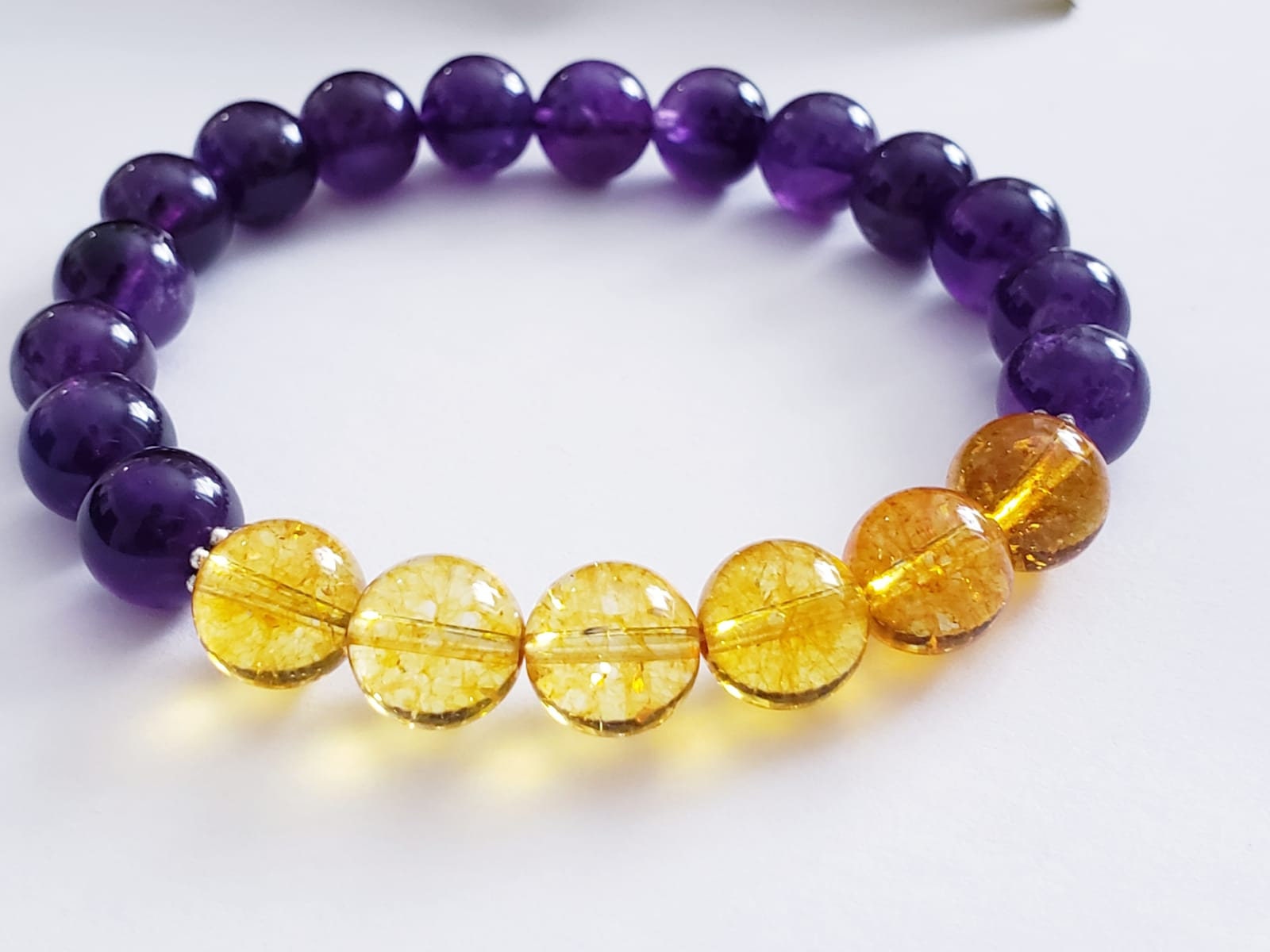 Citrine and Amethyst Bracelet for women, crafted with natural healing crystals to attract prosperity, abundance, and luck. This beautiful spiritual jewelry piece blends vibrant yellow citrine and calming purple amethyst stones, promoting positive energy, balance, and emotional healing. Perfect as a thoughtful gift for her, ideal for meditation, daily wear, or special occasions. Handmade to combine elegance with meaningful chakra benefits.