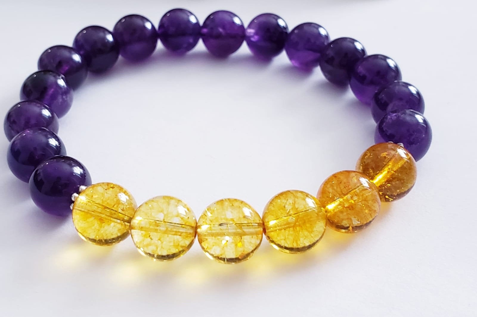 Citrine and Amethyst Bracelet for women, crafted with natural healing crystals to attract prosperity, abundance, and luck. This beautiful spiritual jewelry piece blends vibrant yellow citrine and calming purple amethyst stones, promoting positive energy, balance, and emotional healing. Perfect as a thoughtful gift for her, ideal for meditation, daily wear, or special occasions. Handmade to combine elegance with meaningful chakra benefits.