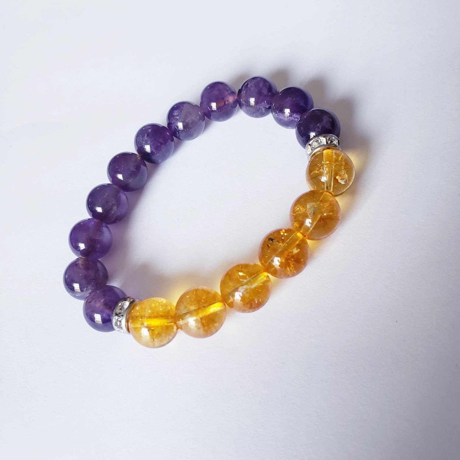 Citrine and Amethyst Bracelet for women, crafted with natural healing crystals to attract prosperity, abundance, and luck. This beautiful spiritual jewelry piece blends vibrant yellow citrine and calming purple amethyst stones, promoting positive energy, balance, and emotional healing. Perfect as a thoughtful gift for her, ideal for meditation, daily wear, or special occasions. Handmade to combine elegance with meaningful chakra benefits.