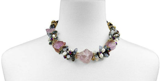Chunky handmade Amethyst crystal necklace for women featuring raw, natural stones and gold-plated accents for a bold, spiritual statement. This 20-inch boho-style necklace radiates calming purple hues, blending healing energy with modern design. Ideal as a unique gift for her, this artisanal piece supports intuition, protection, and clarity—perfect for crystal lovers and those drawn to nature-inspired, meaningful jewelry.