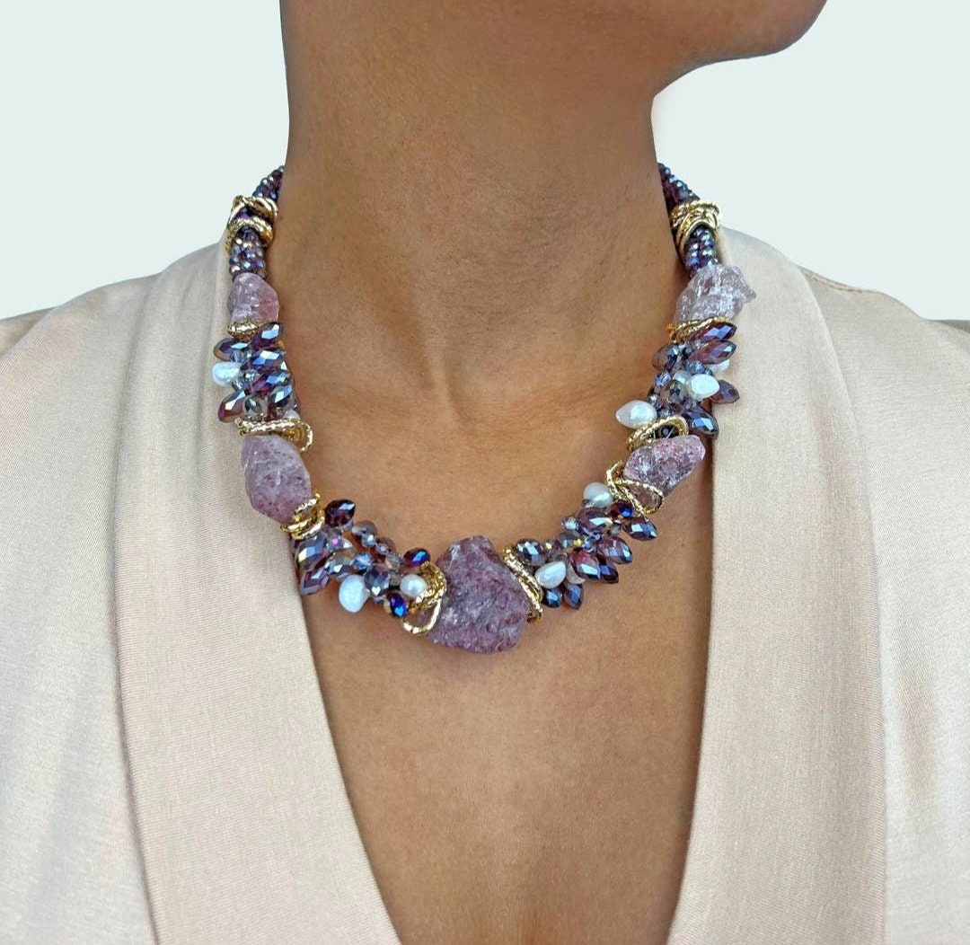 Chunky handmade Amethyst crystal necklace for women featuring raw, natural stones and gold-plated accents for a bold, spiritual statement. This 20-inch boho-style necklace radiates calming purple hues, blending healing energy with modern design. Ideal as a unique gift for her, this artisanal piece supports intuition, protection, and clarity—perfect for crystal lovers and those drawn to nature-inspired, meaningful jewelry.
