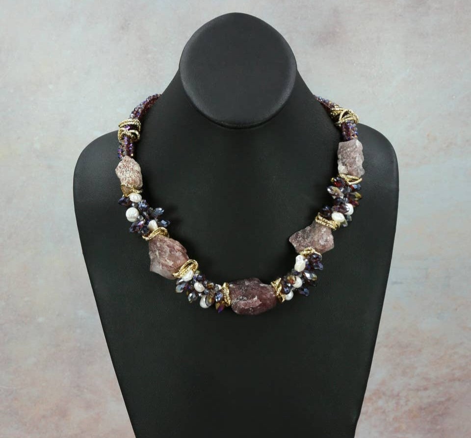 Chunky handmade Amethyst crystal necklace for women featuring raw, natural stones and gold-plated accents for a bold, spiritual statement. This 20-inch boho-style necklace radiates calming purple hues, blending healing energy with modern design. Ideal as a unique gift for her, this artisanal piece supports intuition, protection, and clarity—perfect for crystal lovers and those drawn to nature-inspired, meaningful jewelry.