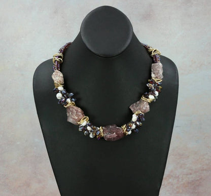 Chunky handmade Amethyst crystal necklace for women featuring raw, natural stones and gold-plated accents for a bold, spiritual statement. This 20-inch boho-style necklace radiates calming purple hues, blending healing energy with modern design. Ideal as a unique gift for her, this artisanal piece supports intuition, protection, and clarity—perfect for crystal lovers and those drawn to nature-inspired, meaningful jewelry.