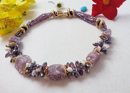Chunky handmade Amethyst crystal necklace for women featuring raw, natural stones and gold-plated accents for a bold, spiritual statement. This 20-inch boho-style necklace radiates calming purple hues, blending healing energy with modern design. Ideal as a unique gift for her, this artisanal piece supports intuition, protection, and clarity—perfect for crystal lovers and those drawn to nature-inspired, meaningful jewelry.