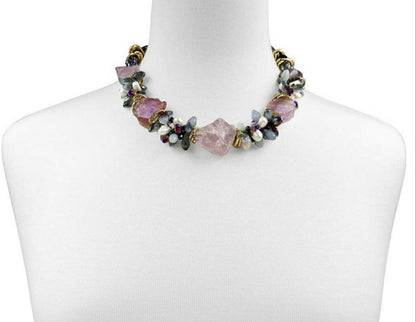 Chunky handmade Amethyst crystal necklace for women featuring raw, natural stones and gold-plated accents for a bold, spiritual statement. This 20-inch boho-style necklace radiates calming purple hues, blending healing energy with modern design. Ideal as a unique gift for her, this artisanal piece supports intuition, protection, and clarity—perfect for crystal lovers and those drawn to nature-inspired, meaningful jewelry.