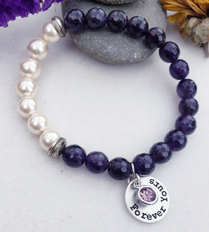 Natural Amethyst Bracelet paired with lustrous freshwater pearls and set on a delicate sterling silver chain. This elegant and inspirational bracelet is perfect as an anniversary gift or meaningful present for women who appreciate handcrafted gemstone jewelry. Combining the calming energy of amethyst with the classic beauty of pearls, it’s a timeless piece that symbolizes peace, love, and wisdom—ideal for special occasions, everyday wear, or thoughtful gifting.