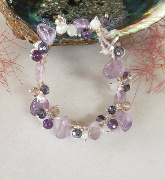 Amethyst Pearl Multi-Stone Stretch Bracelet featuring natural crystal beads designed for style and healing. This chakra bracelet includes amethyst, freshwater pearls, and complementary gemstones to promote balance, clarity, and calm energy. Perfect for those who love natural stone jewelry with spiritual meaning, this handcrafted beaded bracelet is a beautiful accessory for yoga, meditation, or everyday wear—combining elegance, wellness, and boho-inspired charm.