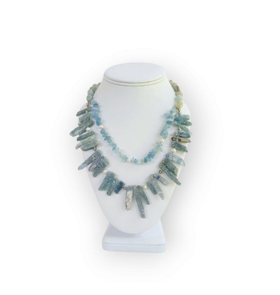 Elegant handmade necklace featuring Aquamarine, Kyanite, and freshwater Pearls, designed for women who love natural aqua-toned jewelry. This unique piece combines soft blue and white hues for a calming, ocean-inspired look. Perfect as a gift for her or a stylish addition to your own jewelry collection, it’s ideal for birthdays, anniversaries, or special occasions. A delicate yet striking women’s necklace crafted with care and intention.