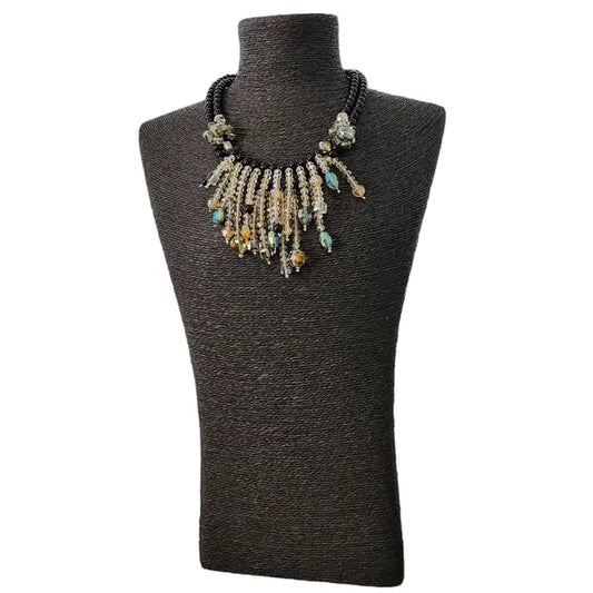 Aurora Borealis crystal and onyx bead necklace featuring a cascading statement design for women who love bold, elegant style. This gothic glam necklace sparkles with iridescent crystals and deep black beads, perfect for evening wear or special occasions. A stunning gift for her, it blends dark romance with shimmering beauty. Ideal for gothic, vintage, or glam-inspired looks, this necklace adds drama and sophistication to any outfit.