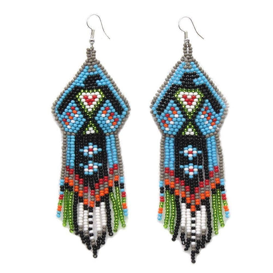 Beaded Eagle Handmade Earrings featuring a bold Native bohemian design in striking blue and black tones. These large, lightweight statement earrings are crafted with intricate beadwork to create a powerful eagle motif, symbolizing strength and freedom. Perfect for women who love unique boho jewelry with a cultural flair, these eye-catching earrings add a distinctive tribal touch to festival outfits, casual wear, or artistic fashion ensembles.