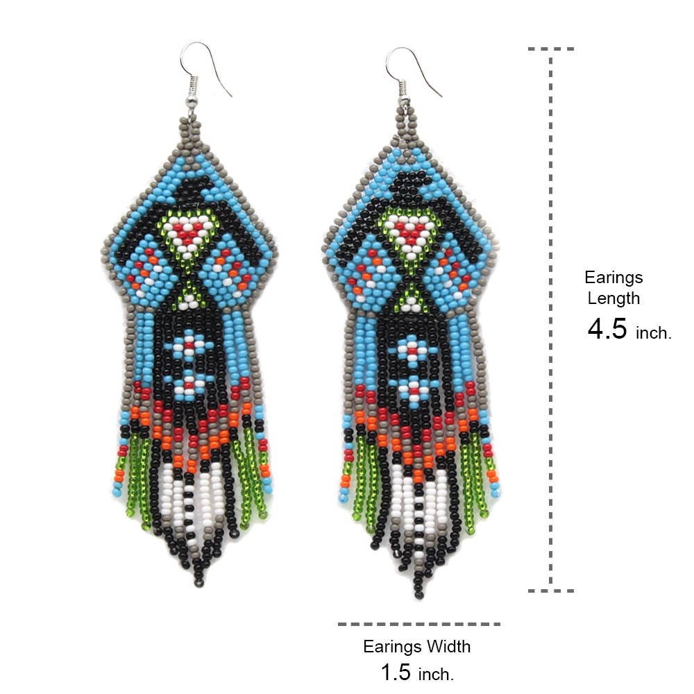 Beaded Eagle Handmade Earrings featuring a bold Native bohemian design in striking blue and black tones. These large, lightweight statement earrings are crafted with intricate beadwork to create a powerful eagle motif, symbolizing strength and freedom. Perfect for women who love unique boho jewelry with a cultural flair, these eye-catching earrings add a distinctive tribal touch to festival outfits, casual wear, or artistic fashion ensembles.
