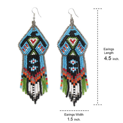 Beaded Eagle Handmade Earrings featuring a bold Native bohemian design in striking blue and black tones. These large, lightweight statement earrings are crafted with intricate beadwork to create a powerful eagle motif, symbolizing strength and freedom. Perfect for women who love unique boho jewelry with a cultural flair, these eye-catching earrings add a distinctive tribal touch to festival outfits, casual wear, or artistic fashion ensembles.