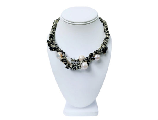 Black & Gold Multi Edison Freshwater Pearl Braided Necklace, a handmade statement jewelry piece for elegant women. Featuring lustrous Edison pearls woven into a black and gold braided cord, this necklace blends luxury with artisanal charm. Perfect for formal events, special occasions, or stylish everyday wear. A thoughtful gift for her, combining timeless beauty with modern craftsmanship in a unique, eye-catching design.