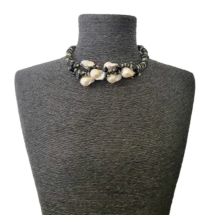 Black & Gold Multi Edison Freshwater Pearl Braided Necklace, a handmade statement jewelry piece for elegant women. Featuring lustrous Edison pearls woven into a black and gold braided cord, this necklace blends luxury with artisanal charm. Perfect for formal events, special occasions, or stylish everyday wear. A thoughtful gift for her, combining timeless beauty with modern craftsmanship in a unique, eye-catching design.