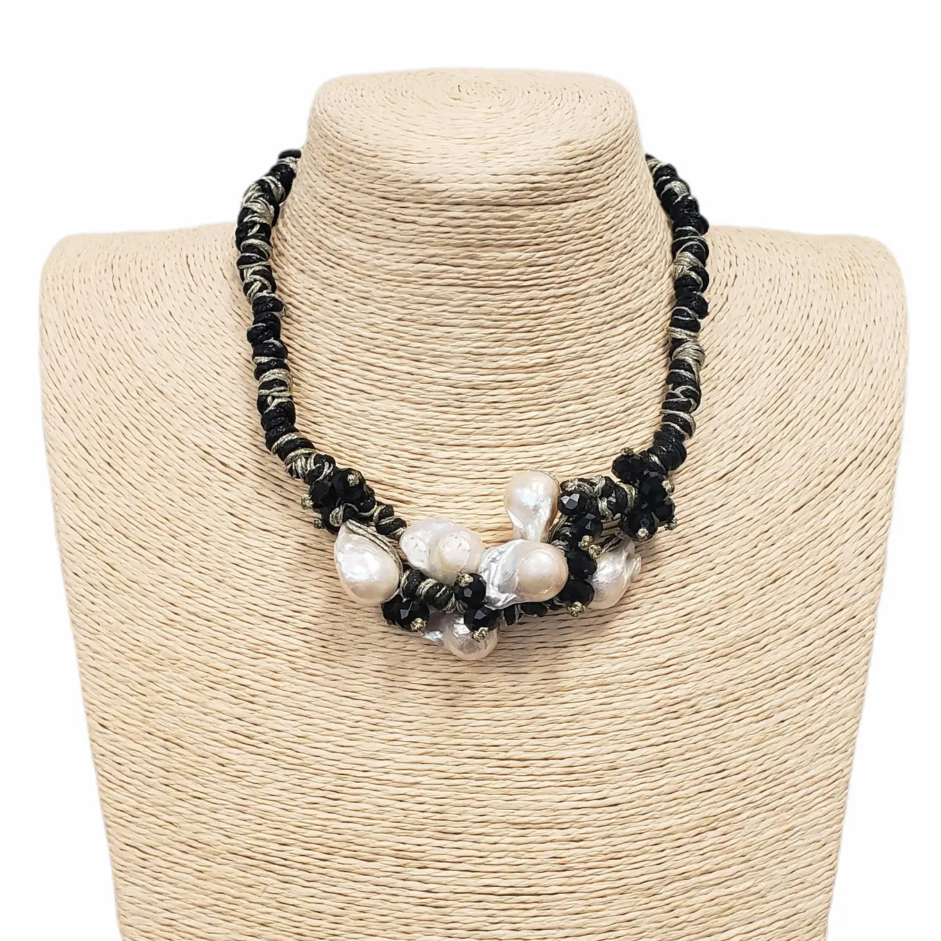 Black & Gold Multi Edison Freshwater Pearl Braided Necklace, a handmade statement jewelry piece for elegant women. Featuring lustrous Edison pearls woven into a black and gold braided cord, this necklace blends luxury with artisanal charm. Perfect for formal events, special occasions, or stylish everyday wear. A thoughtful gift for her, combining timeless beauty with modern craftsmanship in a unique, eye-catching design.