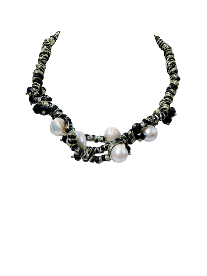 Black & Gold Multi Edison Freshwater Pearl Braided Necklace, a handmade statement jewelry piece for elegant women. Featuring lustrous Edison pearls woven into a black and gold braided cord, this necklace blends luxury with artisanal charm. Perfect for formal events, special occasions, or stylish everyday wear. A thoughtful gift for her, combining timeless beauty with modern craftsmanship in a unique, eye-catching design.