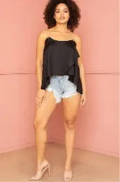 Black satin ruffle layer crop top for women featuring trendy metal chain shoulder straps and a slip-on design for easy wear. This elegant party top combines stylish ruffles with a sleek satin finish, perfect for evening wear and special occasions. The layered detailing adds volume and movement, creating a fashionable and eye-catching look. Ideal for pairing with skirts or pants to complete a chic and sophisticated outfit.