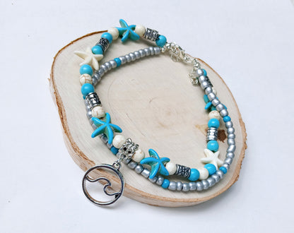 Double layer starfish anklet featuring delicate Miyuki beads, perfect for boho summer jewelry lovers. This adjustable handmade beach anklet combines coastal charm with vibrant colors, ideal for beach vacations, festivals, and everyday wear. A thoughtful gift for her, adding playful seaside vibes and lightweight comfort to any outfit. Stylish and versatile, it’s a must-have accessory for summer and ocean-inspired fashion