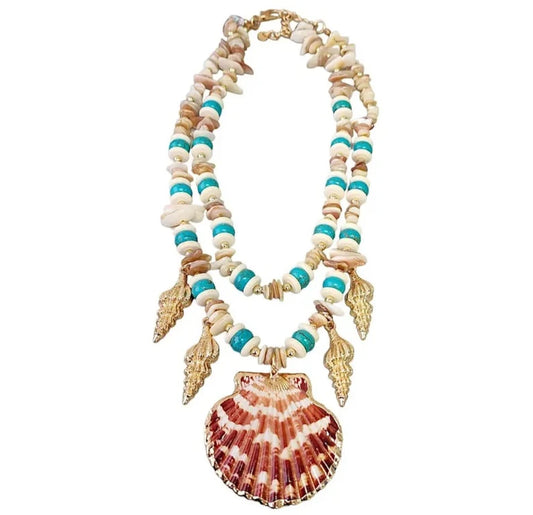 Layered seashell charm pendant necklace featuring blue, beige, and gold tones for a beachy boho look. This coastal jewelry piece captures ocean-inspired elegance with delicate shell charms and soft summer hues. Perfect for beach lovers and bohemian styles, it’s a thoughtful ocean-themed gift for her. Add a touch of seaside charm to your summer style with this lightweight, layered necklace that evokes the beauty of the coast