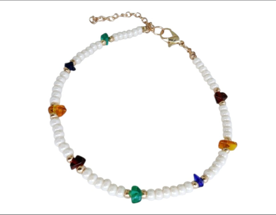 Boho Pearl & Glass Chip Anklet – Layered Summer Beach Jewelry