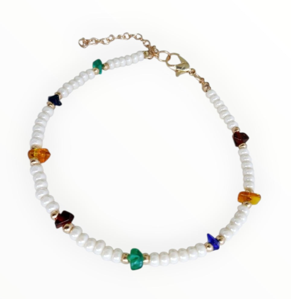Boho Pearl & Glass Chip Anklet – Layered Summer Beach Jewelry