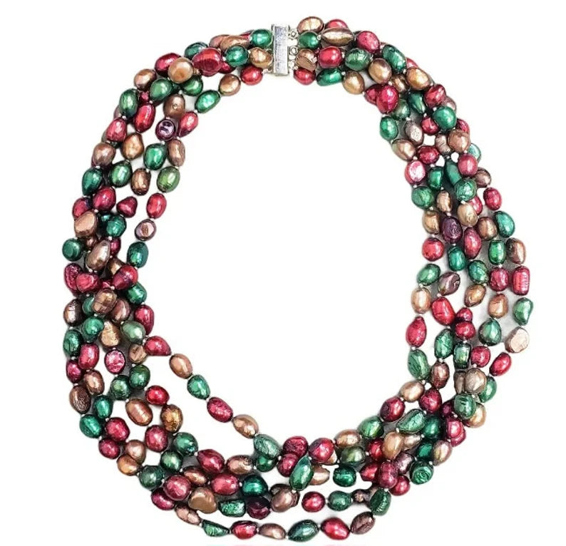 Handmade multi-strand chunky beaded pearl necklace designed as a bold statement choker for women. This retro-inspired accessory features layers of lustrous faux or freshwater pearls, offering a timeless yet eye-catching look. Perfect as a gift for her, it adds elegance and vintage charm to any outfit, ideal for special occasions, parties, or elevating everyday style with handcrafted sophistication and flair.