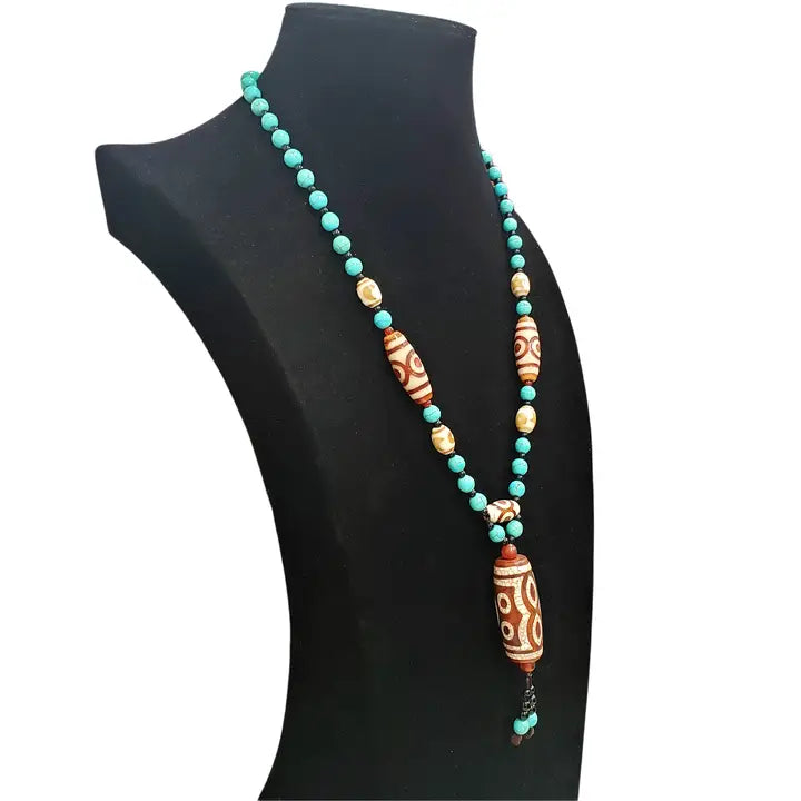 Turquoise & Howlite Beaded Painted Pendant Y-Necklace