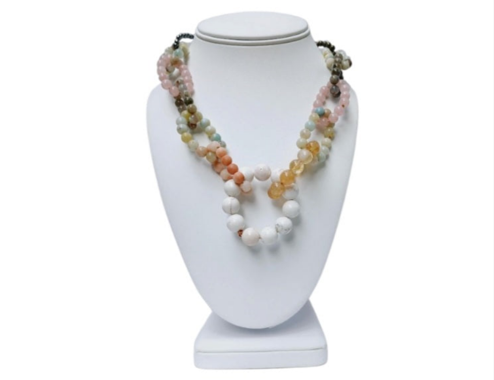 Chunky Multi-Gemstone Necklace for women featuring handcrafted beads of amazonite, rose quartz, hematite, pyrite, and magnesite. This bold statement jewelry piece combines vibrant colors and natural stones to create a unique, eye-catching accessory. Perfect as a birthday gift or special handmade present, it blends spiritual healing properties with artisanal craftsmanship. Ideal for women who love colorful, meaningful jewelry that elevates any outfit with boho-chic elegance.