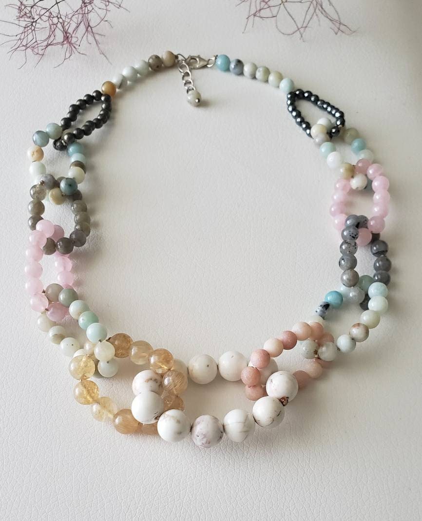 Chunky Multi-Gemstone Necklace for women featuring handcrafted beads of amazonite, rose quartz, hematite, pyrite, and magnesite. This bold statement jewelry piece combines vibrant colors and natural stones to create a unique, eye-catching accessory. Perfect as a birthday gift or special handmade present, it blends spiritual healing properties with artisanal craftsmanship. Ideal for women who love colorful, meaningful jewelry that elevates any outfit with boho-chic elegance.