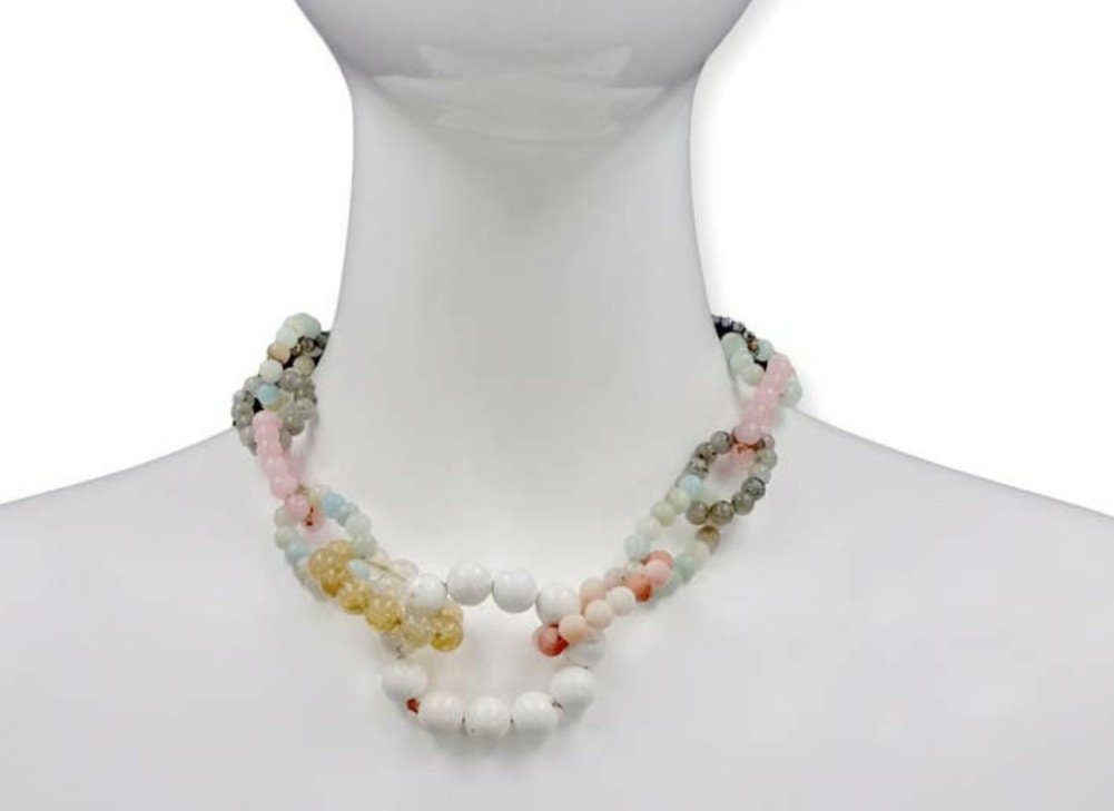 Chunky Multi-Gemstone Necklace for women featuring handcrafted beads of amazonite, rose quartz, hematite, pyrite, and magnesite. This bold statement jewelry piece combines vibrant colors and natural stones to create a unique, eye-catching accessory. Perfect as a birthday gift or special handmade present, it blends spiritual healing properties with artisanal craftsmanship. Ideal for women who love colorful, meaningful jewelry that elevates any outfit with boho-chic elegance.