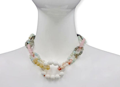 Chunky Multi-Gemstone Necklace for women featuring handcrafted beads of amazonite, rose quartz, hematite, pyrite, and magnesite. This bold statement jewelry piece combines vibrant colors and natural stones to create a unique, eye-catching accessory. Perfect as a birthday gift or special handmade present, it blends spiritual healing properties with artisanal craftsmanship. Ideal for women who love colorful, meaningful jewelry that elevates any outfit with boho-chic elegance.