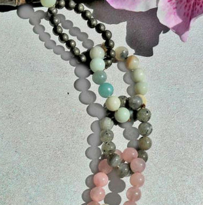 Chunky Multi-Gemstone Necklace for women featuring handcrafted beads of amazonite, rose quartz, hematite, pyrite, and magnesite. This bold statement jewelry piece combines vibrant colors and natural stones to create a unique, eye-catching accessory. Perfect as a birthday gift or special handmade present, it blends spiritual healing properties with artisanal craftsmanship. Ideal for women who love colorful, meaningful jewelry that elevates any outfit with boho-chic elegance.