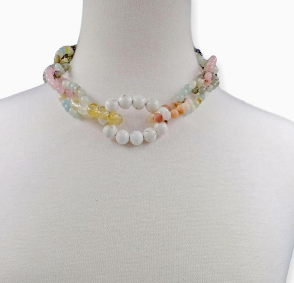 Chunky Multi-Gemstone Necklace for women featuring handcrafted beads of amazonite, rose quartz, hematite, pyrite, and magnesite. This bold statement jewelry piece combines vibrant colors and natural stones to create a unique, eye-catching accessory. Perfect as a birthday gift or special handmade present, it blends spiritual healing properties with artisanal craftsmanship. Ideal for women who love colorful, meaningful jewelry that elevates any outfit with boho-chic elegance.