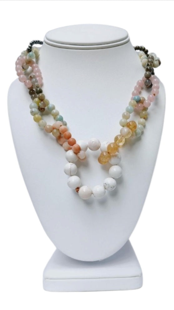Chunky Multi-Gemstone Necklace for women featuring handcrafted beads of amazonite, rose quartz, hematite, pyrite, and magnesite. This bold statement jewelry piece combines vibrant colors and natural stones to create a unique, eye-catching accessory. Perfect as a birthday gift or special handmade present, it blends spiritual healing properties with artisanal craftsmanship. Ideal for women who love colorful, meaningful jewelry that elevates any outfit with boho-chic elegance.