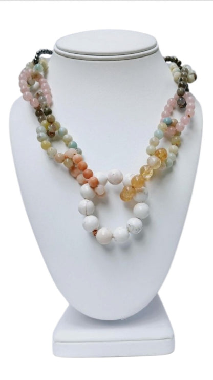 Chunky Multi-Gemstone Necklace for women featuring handcrafted beads of amazonite, rose quartz, hematite, pyrite, and magnesite. This bold statement jewelry piece combines vibrant colors and natural stones to create a unique, eye-catching accessory. Perfect as a birthday gift or special handmade present, it blends spiritual healing properties with artisanal craftsmanship. Ideal for women who love colorful, meaningful jewelry that elevates any outfit with boho-chic elegance.