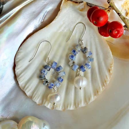 Cultured Pearl Beaded Hoop Earrings for women, featuring natural gemstones including lustrous pearls and vibrant sodalite beads. These handmade boho-style earrings combine elegance and artisanal craftsmanship, perfect as bridesmaid gifts or for everyday wear. Lightweight and eye-catching, they add a sophisticated yet natural touch to any outfit. Ideal for women who love unique, handcrafted jewelry with a blend of classic and bohemian vibes.