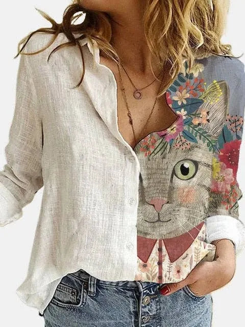 Loose fit cat print top for women featuring a digital animal print design that showcases cute kitty graphics. This casual, comfortable fashion tee is perfect for everyday wear and makes an ideal gift for cat lovers. Made from soft, breathable fabric, the relaxed silhouette ensures all-day comfort while adding a playful and trendy touch to any casual outfit. A fun and stylish choice for animal print enthusiasts.