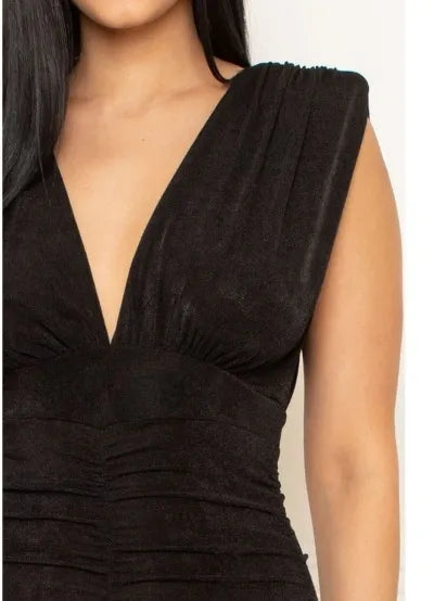 Deep V Neck Shirring Mini Dress in black is a sexy and elegant party dress for women, perfect for summer nights out, clubwear, or special events. Featuring a flattering deep V neckline and stylish shirring details, this mini dress combines boldness with sophistication. Its sleek design enhances the silhouette, making it an ideal choice for confident, fashionable women seeking a chic look for evening occasions.