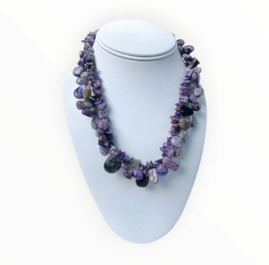 Chunky Raw Amethyst and Delicate Charoite Nugget Necklace, a handmade short choker-style statement piece for women who love bold, natural crystal jewelry. Featuring rich purple tones and unique textures, this necklace blends raw elegance with boho charm—ideal for events, special occasions, or everyday standout style. A one-of-a-kind accessory that highlights spiritual energy and creative expression, perfect as a meaningful gift or personal treasure.