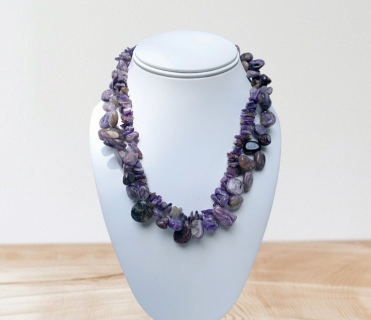 Chunky Raw Amethyst and Delicate Charoite Nugget Necklace, a handmade short choker-style statement piece for women who love bold, natural crystal jewelry. Featuring rich purple tones and unique textures, this necklace blends raw elegance with boho charm—ideal for events, special occasions, or everyday standout style. A one-of-a-kind accessory that highlights spiritual energy and creative expression, perfect as a meaningful gift or personal treasure.
