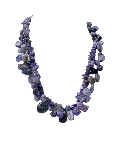 Chunky Raw Amethyst and Delicate Charoite Nugget Necklace, a handmade short choker-style statement piece for women who love bold, natural crystal jewelry. Featuring rich purple tones and unique textures, this necklace blends raw elegance with boho charm—ideal for events, special occasions, or everyday standout style. A one-of-a-kind accessory that highlights spiritual energy and creative expression, perfect as a meaningful gift or personal treasure.