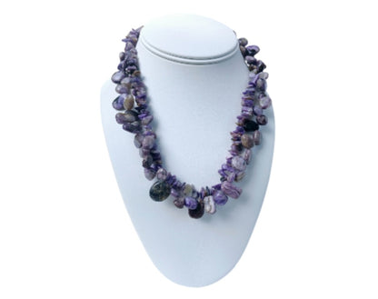 Chunky Raw Amethyst and Delicate Charoite Nugget Necklace, a handmade short choker-style statement piece for women who love bold, natural crystal jewelry. Featuring rich purple tones and unique textures, this necklace blends raw elegance with boho charm—ideal for events, special occasions, or everyday standout style. A one-of-a-kind accessory that highlights spiritual energy and creative expression, perfect as a meaningful gift or personal treasure.