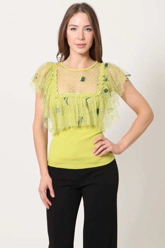 Embroidered lace detailed top for women, combining knit and woven fabrics for an elegant, dressy blouse. Made in the USA with stretchy, comfortable materials, this sophisticated top features intricate lace embroidery that adds a delicate and stylish touch. Perfect for formal occasions or office wear, it offers both comfort and elegance, making it a versatile piece to elevate any outfit with a refined and polished look.