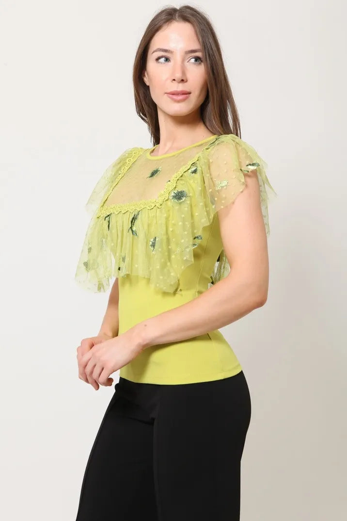 Embroidered lace detailed top for women, combining knit and woven fabrics for an elegant, dressy blouse. Made in the USA with stretchy, comfortable materials, this sophisticated top features intricate lace embroidery that adds a delicate and stylish touch. Perfect for formal occasions or office wear, it offers both comfort and elegance, making it a versatile piece to elevate any outfit with a refined and polished look.