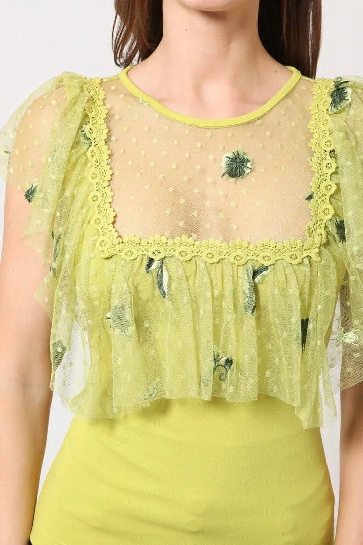 Embroidered lace detailed top for women, combining knit and woven fabrics for an elegant, dressy blouse. Made in the USA with stretchy, comfortable materials, this sophisticated top features intricate lace embroidery that adds a delicate and stylish touch. Perfect for formal occasions or office wear, it offers both comfort and elegance, making it a versatile piece to elevate any outfit with a refined and polished look.
